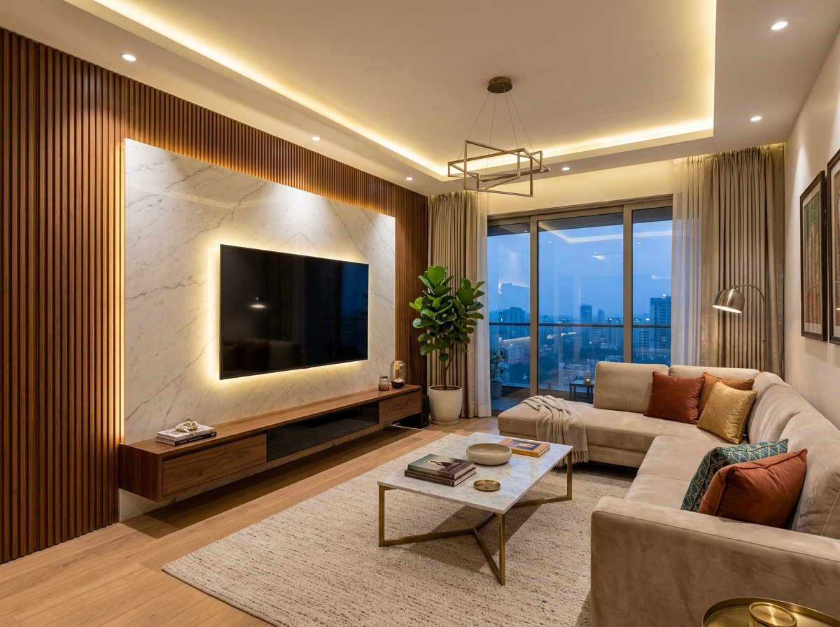 After: Modern Indian Living Room TV Unit